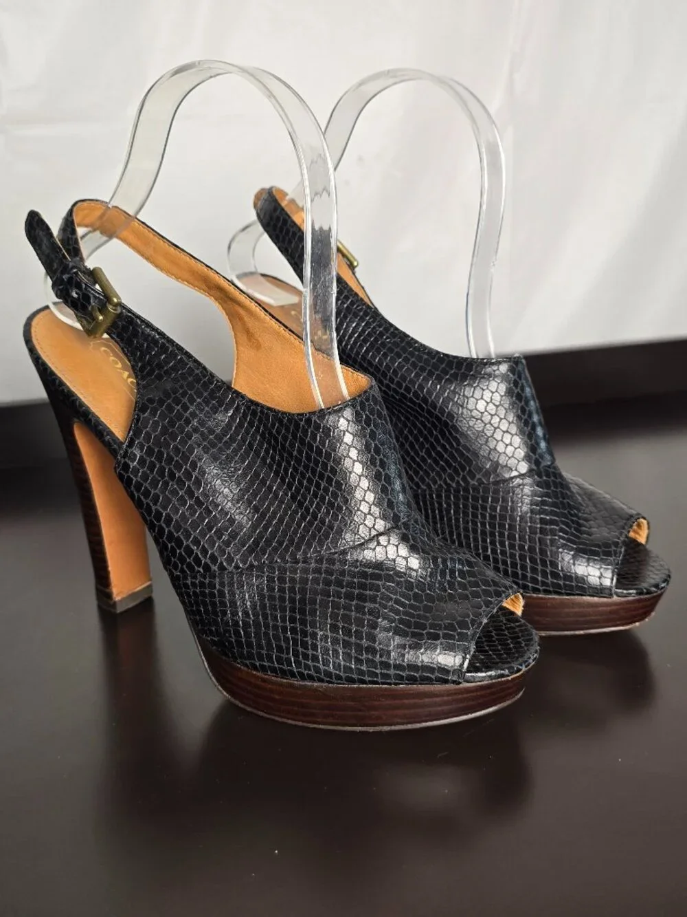 Coach Brina Black Snake-Embossed Peep-Toe Platform Slingbacks Sz. 8.5